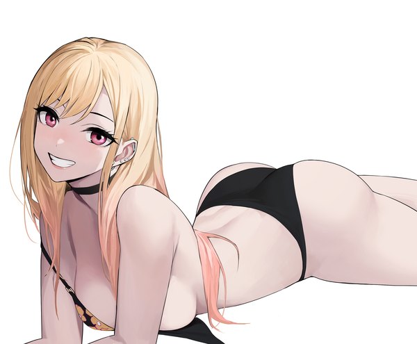 Anime picture 2341x1930 with sono bisque doll wa koi wo suru cloverworks kitagawa marin knatb single long hair looking at viewer highres breasts light erotic simple background blonde hair smile white background ass lying pink eyes grin piercing ear piercing