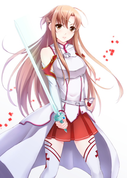 Anime picture 1000x1399 with sword art online a-1 pictures yuuki asuna dabadhi single long hair tall image looking at viewer brown hair white background bare shoulders brown eyes girl thighhighs skirt weapon white thighhighs sword