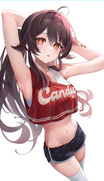 Anime picture 1200x2073 with genshin impact hu tao (genshin impact) rity single long hair tall image looking at viewer fringe simple background hair between eyes red eyes brown hair white background twintails ahoge midriff alternate costume sleeveless symbol-shaped pupils arms behind head