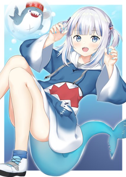 Anime picture 1064x1500 with virtual youtuber hololive hololive english gawr gura gawr gura (1st costume) bloop (gawr gura) fuji noyume single long hair tall image looking at viewer blush open mouth blue eyes silver hair tail nail polish :d multicolored hair two-tone hair