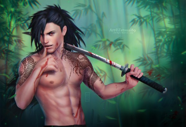 Anime picture 2835x1940 with naruto studio pierrot naruto (series) uchiha madara zetsuai89 long hair looking at viewer highres black hair smile red eyes holding parted lips fingernails lips realistic tattoo alternate hairstyle muscle sharingan