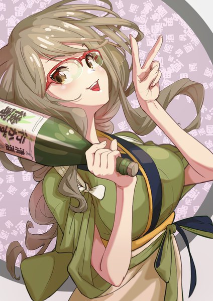 Anime picture 868x1228 with lycoris recoil nakahara mizuki arakan single long hair tall image looking at viewer open mouth brown hair brown eyes traditional clothes :d japanese clothes victory girl glasses kimono bottle alcohol tasuki