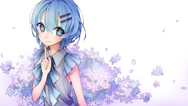 Anime picture 960x540 with vocaloid hatsune miku marchen noir single blush fringe short hair blue eyes simple background smile hair between eyes wide image white background blue hair looking away upper body from above finger to mouth girl flower (flowers)