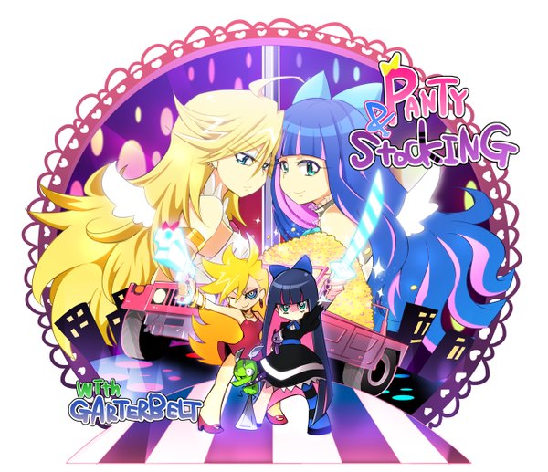 Anime picture 1300x1121 with panty & stocking with garterbelt anarchy stocking anarchy panty blonde hair smile white background multiple girls multicolored hair inscription colored inner hair chibi angel wings girl bow weapon 2 girls hair bow ground vehicle car