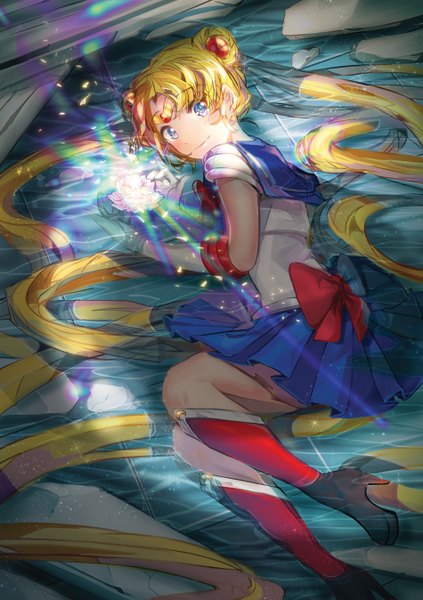 Anime picture 950x1348 with bishoujo senshi sailor moon toei animation tsukino usagi sailor moon single tall image looking at viewer blush blue eyes blonde hair smile twintails lying very long hair pleated skirt looking back hair bun (hair buns) partially submerged light glow