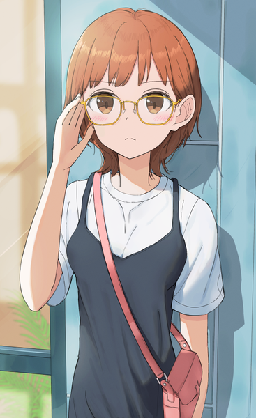 Anime picture 636x1040 with original kurei 9 0 single tall image looking at viewer blush fringe short hair brown hair standing brown eyes upper body arm up shadow short sleeves adjusting glasses girl dress glasses black dress