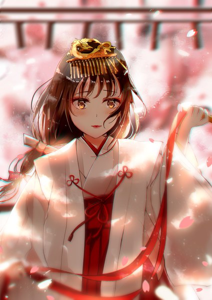 Anime picture 1600x2263 with kimi no na wa miyamizu mitsuha slass single long hair tall image looking at viewer blush fringe brown hair holding brown eyes traditional clothes japanese clothes arm up blurry wide sleeves lipstick miko red lipstick