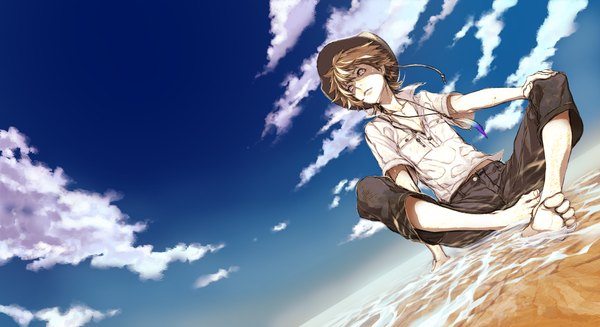Anime picture 2142x1170 with original supercell miwa shirow single highres short hair blonde hair wide image sitting looking away sky cloud (clouds) barefoot from below grey eyes boy hat shirt water headdress