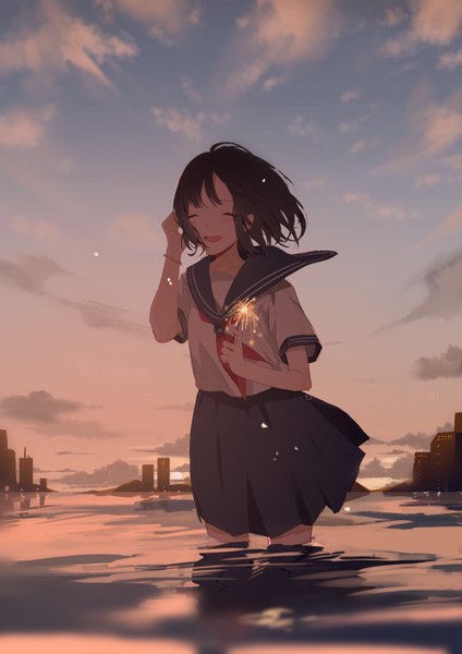 Anime picture 2000x2829 with original zhibuji loom single tall image highres short hair open mouth black hair smile sky cloud (clouds) eyes closed wind partially submerged evening sunset ^ ^ girl uniform water