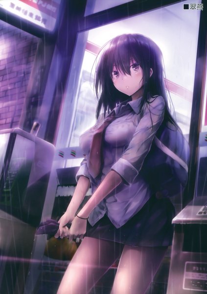 Anime picture 2397x3400 with original kei (keigarou) single long hair tall image highres black hair purple eyes scan rain girl skirt uniform school uniform shirt necktie school bag