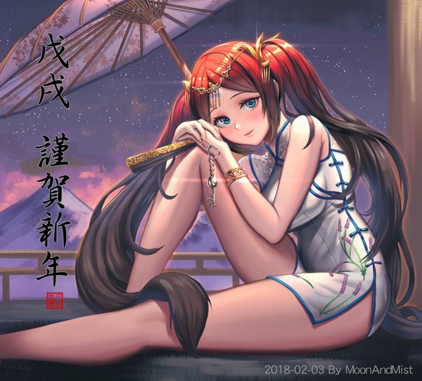 Anime picture 1565x1415 with original moonandmist single looking at viewer blush fringe blue eyes sitting twintails signed bent knee (knees) red hair very long hair traditional clothes japanese clothes fingernails light smile inscription night night sky