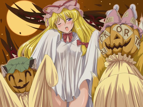 Anime picture 1600x1200 with touhou yakumo yukari yakumo ran chen flx long hair open mouth light erotic blonde hair purple eyes animal ears halloween girl earrings vegetables jack-o'-lantern pumpkin