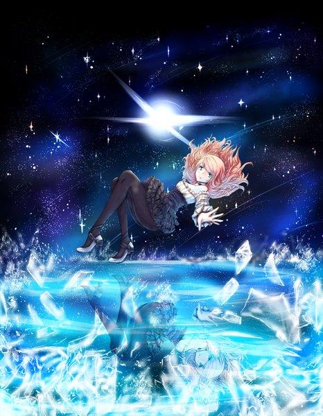 Anime picture 1400x1800 with original keeper single long hair tall image looking at viewer fringe breasts blue eyes blonde hair outstretched arm girl pantyhose shoes frills star (stars) ice
