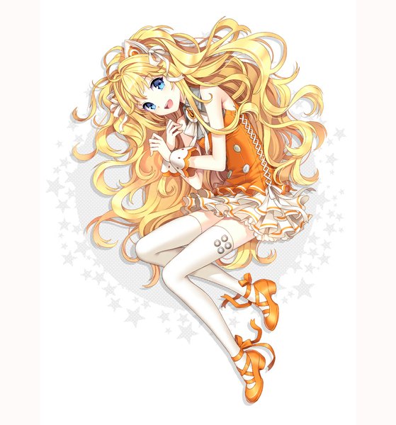 Anime picture 1000x1072 with vocaloid seeu nardack single long hair tall image open mouth blue eyes simple background blonde hair white background animal ears cat ears girl thighhighs dress white thighhighs