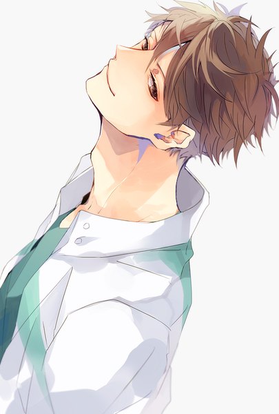 Anime picture 540x800 with haikyuu!! production i.g ooikawa tooru hanamori single tall image looking at viewer short hair simple background smile brown hair white background brown eyes upper body from above boy