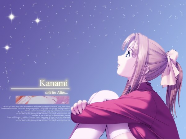 Anime picture 1024x768 with after shiomiya kanami tony taka single long hair blue eyes blonde hair brown hair looking away ponytail profile copyright name character names looking up leg hug girl thighhighs white thighhighs