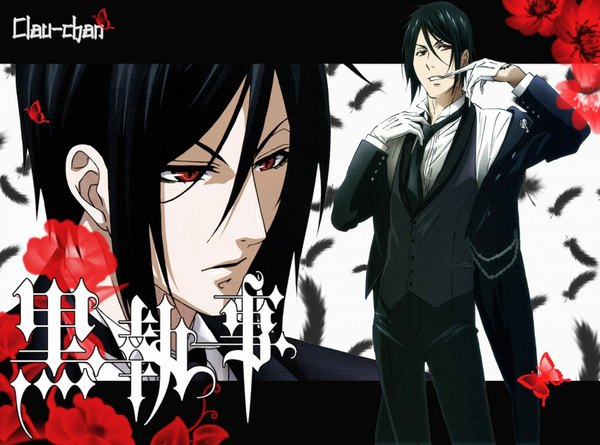 Anime picture 1600x1189 with kuroshitsuji a-1 pictures sebastian michaelis short hair black hair red eyes butler adjusting necktie glove biting boy gloves flower (flowers) shirt necktie feather (feathers) vest suit