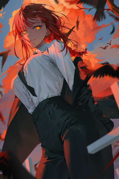 Anime-Bild 2000x3017 mit chainsaw man mappa makima (chainsaw man) kellymonica02 single long hair tall image looking at viewer fringe highres breasts standing yellow eyes sky cloud (clouds) outdoors red hair braid (braids) light smile off shoulder