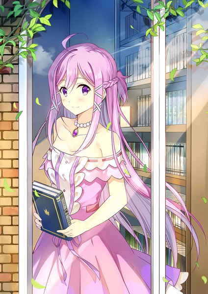 Anime picture 1000x1414 with aishen qiaokeli-ing... zitong xia kinoshita neko single long hair tall image looking at viewer blush fringe breasts hair between eyes standing purple eyes bare shoulders holding payot pink hair sky cloud (clouds) ahoge