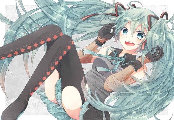 Anime picture 3939x2716 with vocaloid hatsune miku yukina yotsuba single highres open mouth light erotic twintails absurdres very long hair aqua eyes aqua hair girl thighhighs dress skirt gloves ribbon (ribbons) black thighhighs hair ribbon