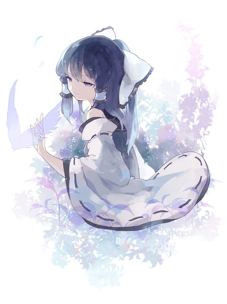 Anime picture 800x1070 with touhou hakurei reimu hillly (maiwetea) single long hair tall image fringe blue eyes black hair smile white background sitting looking away ponytail alternate color girl bow plant (plants) hair bow detached sleeves