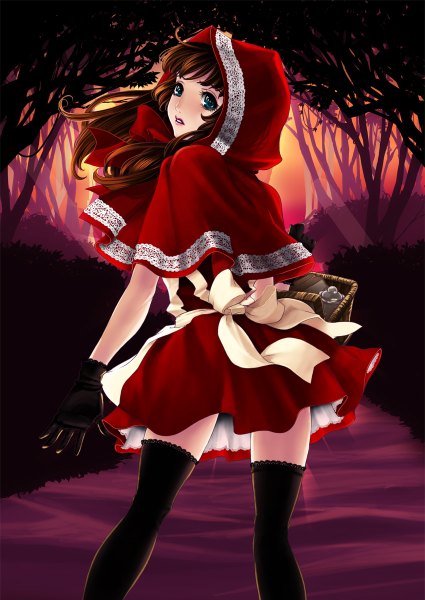 Anime picture 850x1200 with little red riding hood little red riding hood (character) kunishige keiichi single long hair tall image blue eyes brown hair looking back girl thighhighs dress gloves black thighhighs plant (plants) tree (trees)