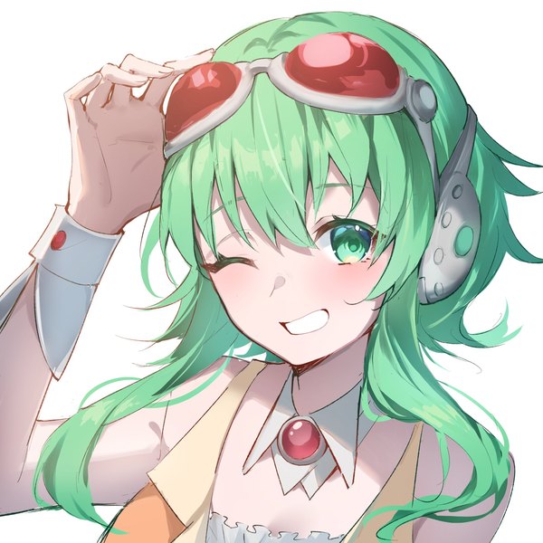 Anime picture 2000x2000 with vocaloid gumi murumuru (pixiv51689952) single looking at viewer fringe highres short hair simple background smile hair between eyes white background green eyes upper body one eye closed green hair grin goggles on head girl headphones