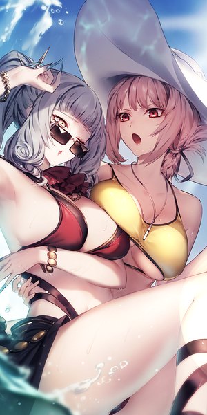 Anime picture 600x1200 with fate (series) fate/grand order florence nightingale (fate) carmilla (fate) kyouya (mukuro238) long hair tall image fringe breasts open mouth light erotic large breasts multiple girls yellow eyes pink hair sky silver hair bent knee (knees) outdoors ponytail