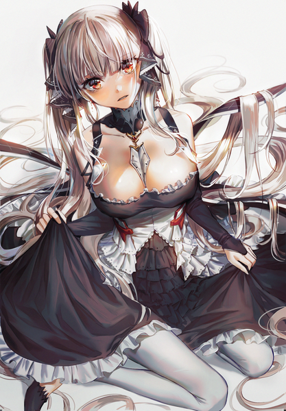 Anime picture 1692x2436 with azur lane formidable (azur lane) kellymonica02 single tall image looking at viewer fringe breasts light erotic simple background red eyes large breasts white background sitting twintails bare shoulders cleavage blunt bangs very long hair parted lips