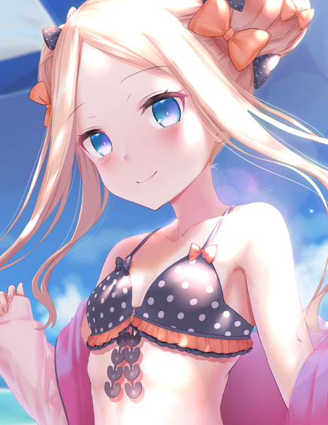 Anime picture 1644x2130 with fate (series) fate/grand order abigail williams (fate) kachayori single long hair tall image looking at viewer blush fringe blue eyes light erotic blonde hair smile bare shoulders payot sky cloud (clouds) upper body outdoors