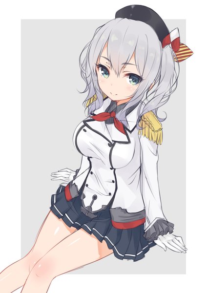 Anime picture 800x1131 with kantai collection kashima training cruiser mimura zaja single long hair tall image fringe simple background smile hair between eyes sitting twintails looking away silver hair aqua eyes from above grey background border outside border :>