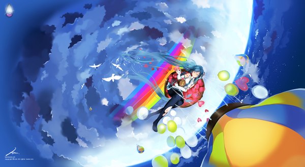 Anime picture 1600x880 with vocaloid hatsune miku kaninnvven wide image sky cloud (clouds) eyes closed torn clothes space girl gloves animal pantyhose elbow gloves heart bird (birds) star (stars) planet balloon rainbow