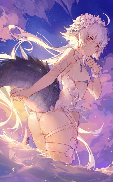 Anime picture 2769x4449 with arknights tomimi (arknights) tomimi (silent night) (arknights) kotatsu kaya single long hair tall image looking at viewer fringe highres light erotic hair between eyes standing yellow eyes sky cloud (clouds) ahoge outdoors ass white hair