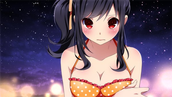 Anime picture 1280x720 with sakura beach ayumi (sakura beach) inma r. single looking at viewer blush short hair light erotic black hair red eyes wide image bare shoulders game cg cleavage night embarrassed night sky side ponytail portrait breast hold