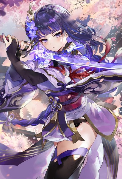 Anime picture 1158x1694 with genshin impact raiden shogun hinahino single tall image looking at viewer blush fringe purple eyes holding purple hair outdoors blunt bangs braid (braids) very long hair traditional clothes japanese clothes hair flower mole arms up