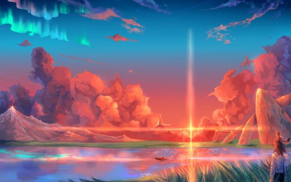 Anime picture 1280x800 with hoshi wo ou kodomo single short hair brown hair wide image looking away sky cloud (clouds) from behind evening sunset ruins lake aurora borealis plant (plants) animal water grass watercraft boat