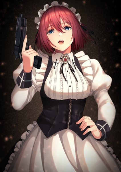 Anime picture 868x1228 with original redlammy single tall image looking at viewer fringe short hair open mouth blue eyes simple background hair between eyes standing holding red hair nail polish maid hand on hip underbust pink nail polish girl