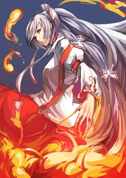 Anime picture 806x1139 with touhou fujiwara no mokou three k (spiritus no honoo) single long hair tall image looking at viewer simple background red eyes ponytail grey hair torn clothes girl bow hair bow fire suspenders flame
