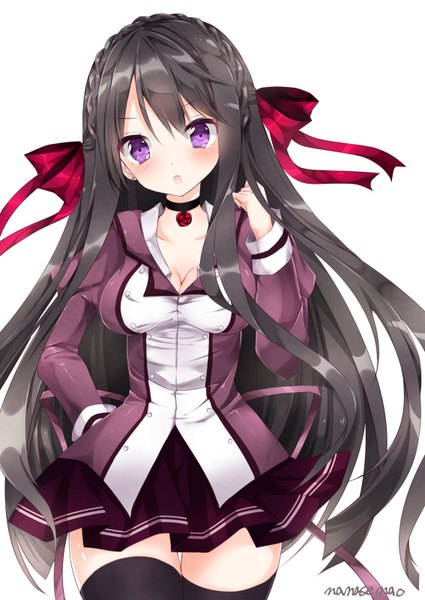 Anime picture 567x800 with danjo kousai wa houritsu ni yotte gimuka sa remashita! nanase nao single long hair tall image blush fringe breasts open mouth simple background large breasts white background purple eyes signed cleavage head tilt pleated skirt official art :o zettai ryouiki