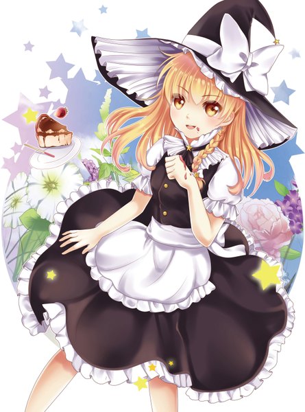 Anime picture 2551x3437 with touhou kirisame marisa yuri (artist) single long hair tall image looking at viewer highres open mouth blonde hair yellow eyes witch girl dress skirt flower (flowers) bow sweets witch hat skirt set