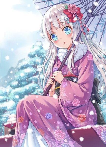 Anime picture 758x1052 with the personification of atmosphere kuuki shoujo shimokirin single long hair tall image looking at viewer blush fringe open mouth blue eyes sitting holding payot sky silver hair cloud (clouds) bent knee (knees) outdoors long sleeves