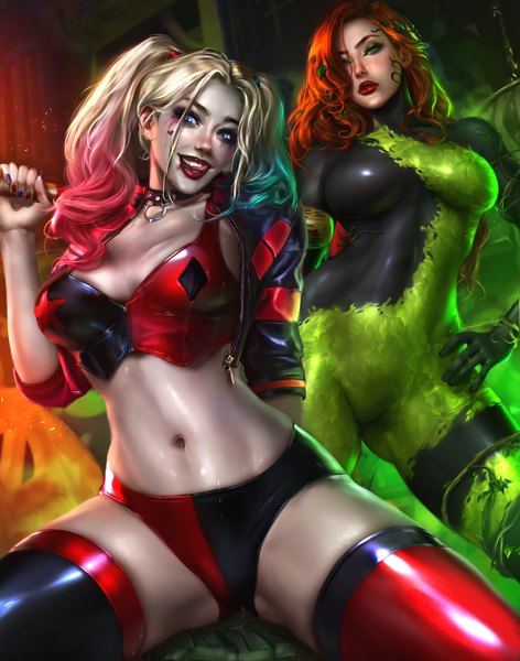 Anime picture 3249x4134 with batman suicide squad dc comics harley queen poison ivy logan cure long hair tall image looking at viewer blush highres breasts blue eyes light erotic blonde hair smile large breasts standing sitting twintails