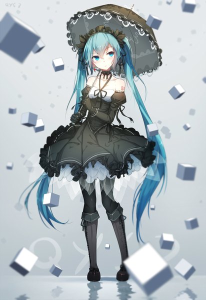 Anime-Bild 618x900 mit vocaloid hatsune miku qys3 single tall image looking at viewer fringe hair between eyes standing twintails holding full body very long hair aqua eyes aqua hair tattoo reflection revision weightlessness girl