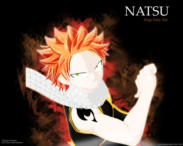 Anime picture 1280x1024 with fairy tail natsu dragneel single short hair simple background green eyes orange hair inscription tattoo coloring light muscle boy scarf
