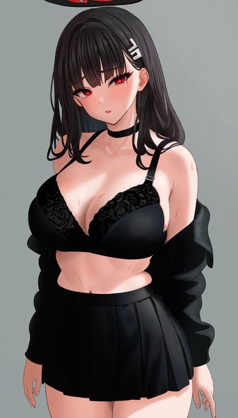 Anime-Bild 3405x5978 mit blue archive rio (blue archive) ni tamago sando single long hair tall image blush fringe highres breasts open mouth light erotic black hair simple background red eyes large breasts standing looking away absurdres blunt bangs