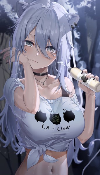 Anime picture 1700x2984 with virtual youtuber hololive shishiro botan shishiro botan (4th costume) yamamoto (ymmt is sexy) single long hair tall image looking at viewer blush fringe breasts hair between eyes large breasts holding animal ears silver hair upper body outdoors nail polish
