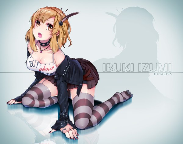 Anime picture 1400x1100 with hinabita izumi ibuki maru (sw1tch) single looking at viewer fringe short hair breasts blonde hair sitting bare shoulders brown eyes bent knee (knees) braid (braids) nail polish pleated skirt inscription open jacket shadow leaning