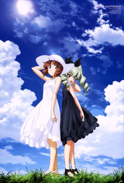 Anime picture 4085x6011 with girls und panzer animedia nishizumi miho anchovy (girls und panzer) itou takeshi long hair tall image highres short hair open mouth smile brown hair multiple girls brown eyes absurdres sky silver hair cloud (clouds) official art drill hair