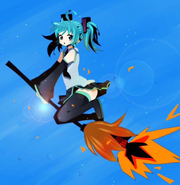 Anime picture 2342x2405 with vocaloid hatsune miku single tall image highres blue eyes twintails ahoge sunlight aqua hair short twintails broom riding girl detached sleeves thigh boots broom