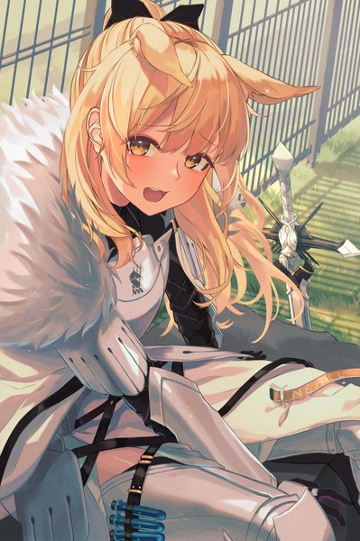 Anime picture 2716x4087 with arknights blemishine (arknights) roco (rocoroco1115) single long hair tall image looking at viewer blush fringe highres open mouth blonde hair smile sitting animal ears yellow eyes payot outdoors ponytail :d